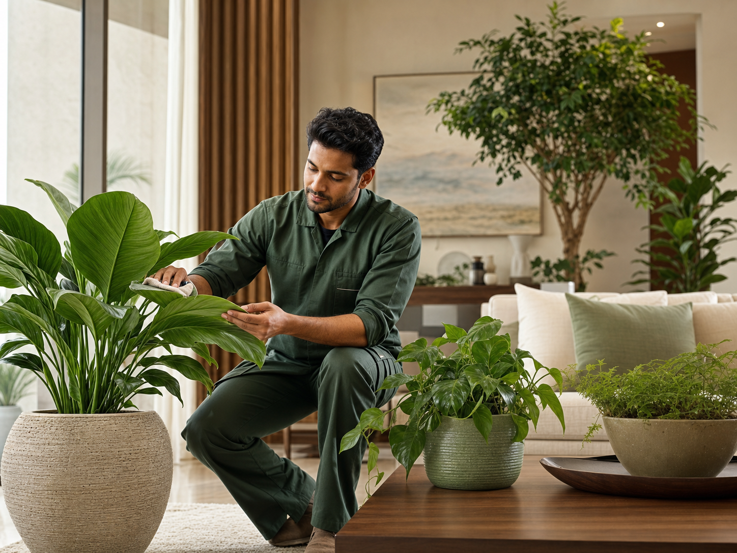 Plant-care specialist maintaining plants in a UAE home