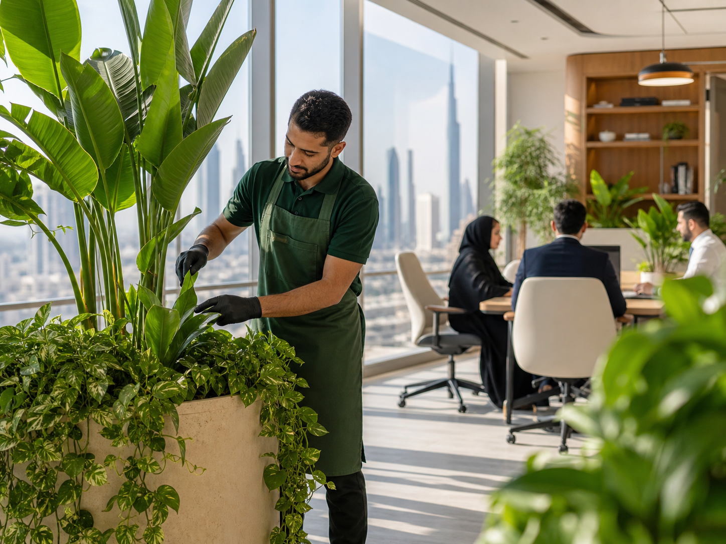 Plant-care specialist tending greenery in a modern Dubai office