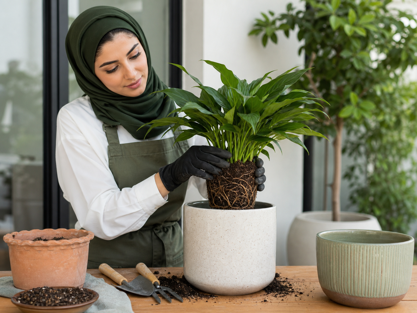 Plant-care specialist repotting a healthy indoor plant
